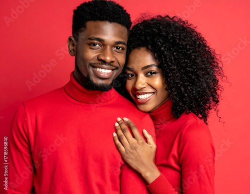 Happy couple posing against red backdrop