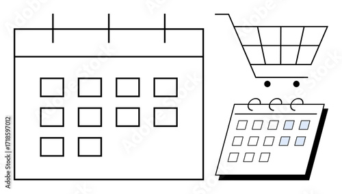 Large calendar, smaller angled calendar, and shopping cart outline. Ideal for planning, organization, time management, scheduling, e-commerce, logistics productivity simple flat metaphor