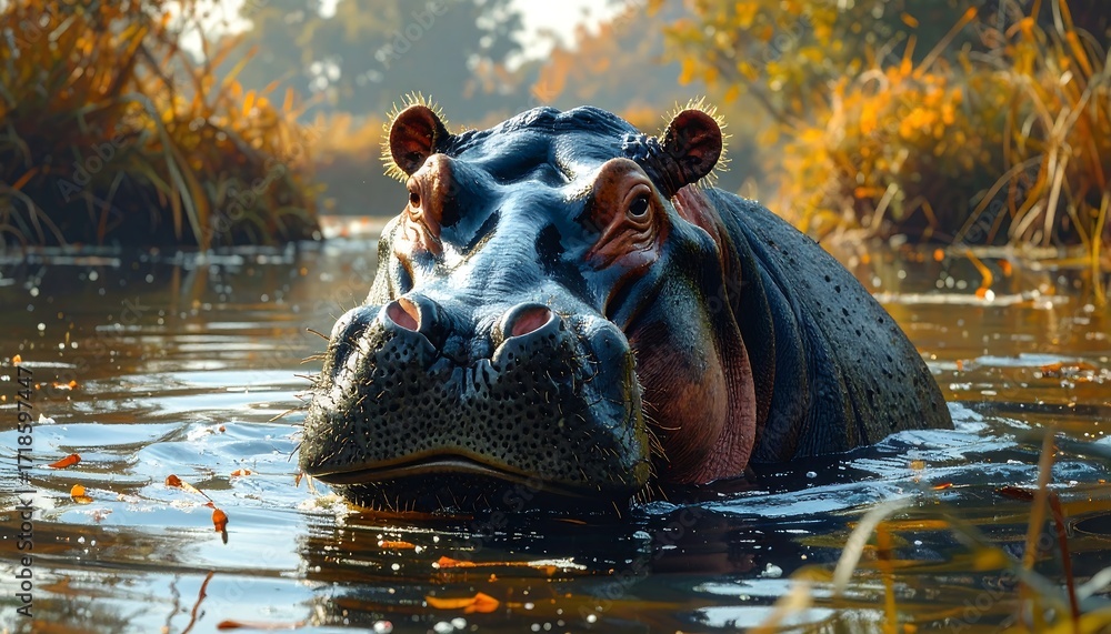 Fototapeta premium Hippopotamus in a tranquil swamp