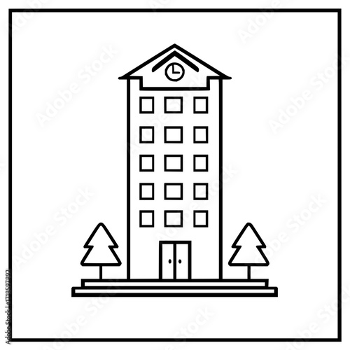 Outline drawing of a tall building with a clock, trees, and a black border around the image frame