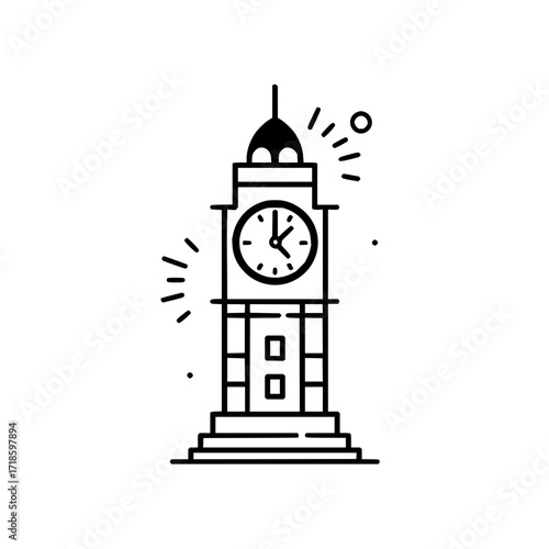 Illustration of a black and white clock tower with visible clock face and architectural details shown