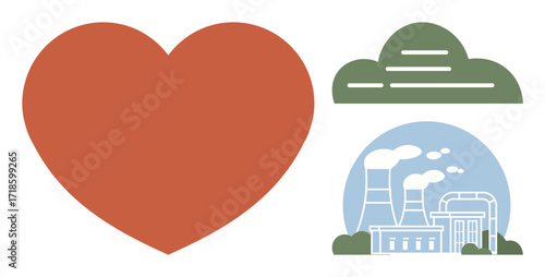 Red heart, green cloud, and polluting factory with emissions highlight conflict between love, environment, and industrialization. Ideal for sustainability, ecology, health, climate change