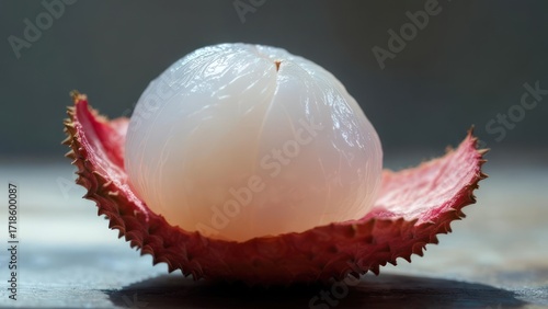 Close-up of a lychee fruit, its fleshy white interior nestled within the reddish-pink husk