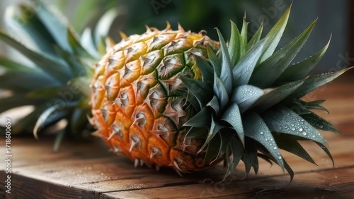 Close-up of a pineapple on a wooden surface