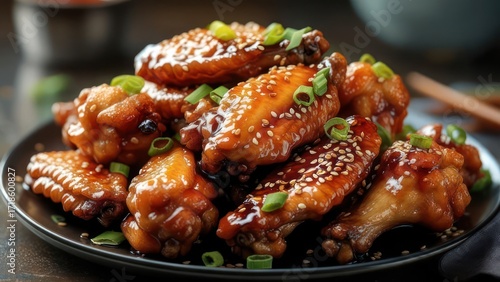 Close-up of a plate piled high with glazed chicken wings, topped with sesame seeds and green onions