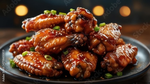Close-up of a plate piled high with crispy, glazed chicken wings, topped with sesame seeds and green onions.  Blurred background of warm lights