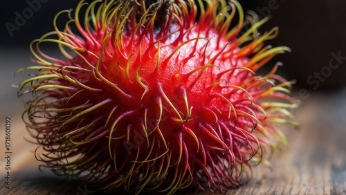 Close-up of a rambutan fruit, vibrant red prickly exterior
