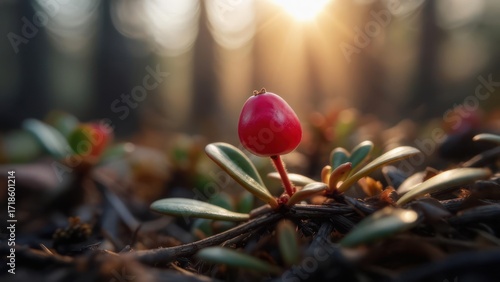 Close-up of a red berry in forest floor. Sunlight streams through trees