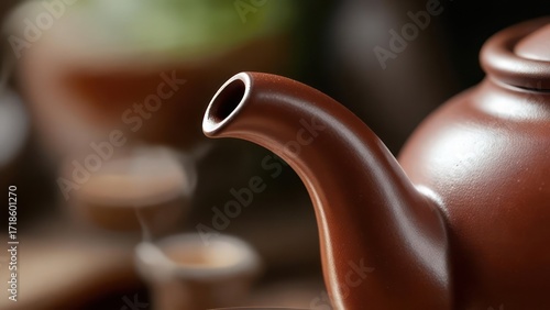 Close-up of a reddish-brown ceramic tea pot spout,  with steam rising