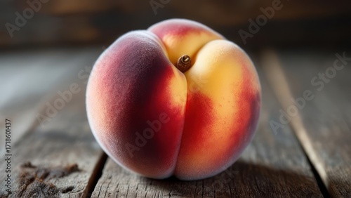 Close-up of a ripe peach on weathered wood