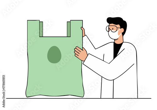 A scientist inspects a green plastic bag made from recycled insulated material. Modern illustration style. Focus on sustainability and innovation.
