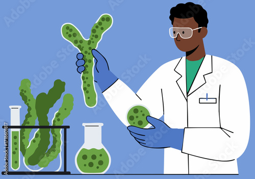 A scientist examines algae in a lab, inspecting biological samples. Modern, clean aesthetic. Focus on research and science.