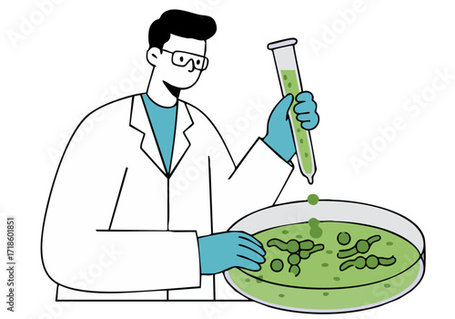 A scientist inspects biomass in a petri dish, showcasing research and biotechnology. Modern, clean illustration style.
