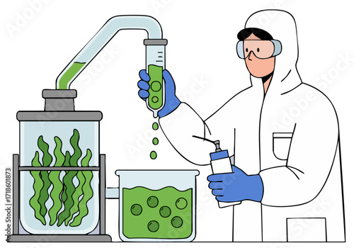 Scientist monitors polymer production in a lab. Detailed illustration showcases research, innovation, and scientific process. Modern, clean design.