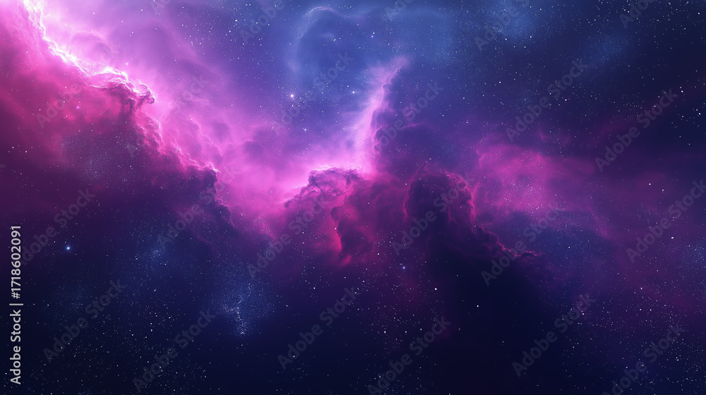 Fototapeta premium Purple-pink fluorescent nebula cosmic starry sky image, for sci-fi themed design, space exploration promotion and dreamy style projects