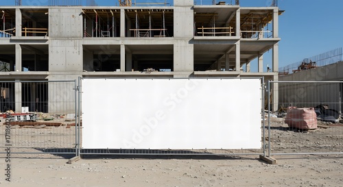 Building Construction Site with Blank White Banner on Metal Fence