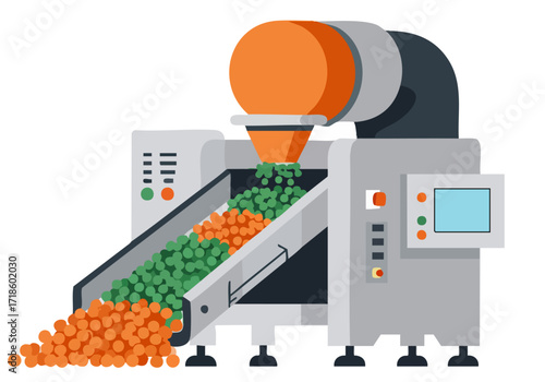 stylized illustration depicts a -Smart Pellet Flow- machine showcasing a continuous automated process The graphic highlights a modern industrial design with clear lines and vibrant colors