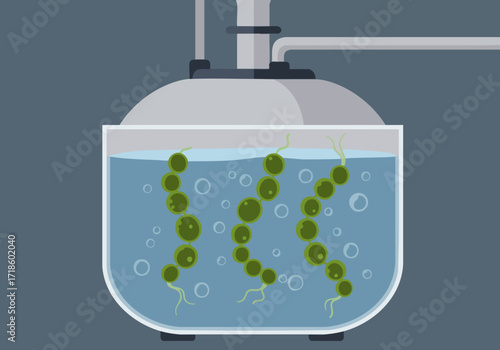 A stylized illustration depicts algae growing in a bioreactor tank.  Clean, modern design with a focus on sustainable technology and eco-friendly growth.  Bright, aquatic colors.