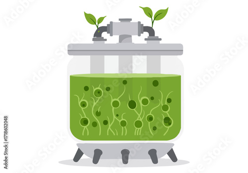 A stylized illustration depicts green bio power generation with a miniature figure observing a bioreactor. Clean, modern design emphasizes sustainable energy. Bright green and grey tones.
