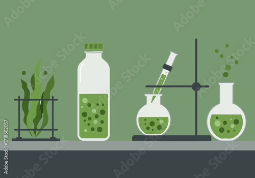 A stylized illustration depicts green algae in a laboratory setting, showcasing scientific research and sustainability. Clean, modern design with a focus on green elements.
