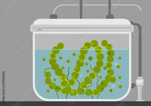 stylized illustration showcases a bioreactor with rapidly growing algae The image highlights -Fast Growth Scan- technology presenting a vibrant green modern aesthetic