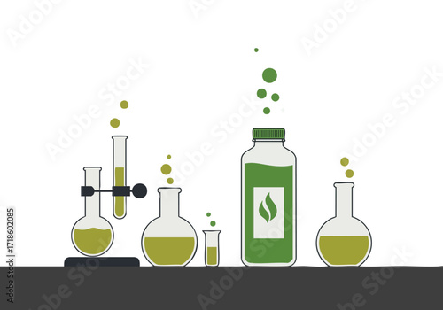 stylized illustration showcases a green bottle amidst lab equipment highlighting a chemical reaction Clean modern design with a focus on sustainability and scientific concepts
