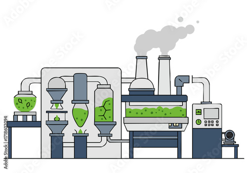 A stylized infographic depicts a bio-processing plant with green liquid and steam. Modern, clean lines and a blue/green color palette create a professional and informative visual.