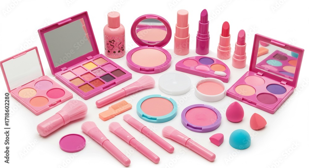 Fototapeta premium 華やかピンクメイクアップセット 可愛いおもちゃコスメ 光沢感溢れる質感. AI Generated