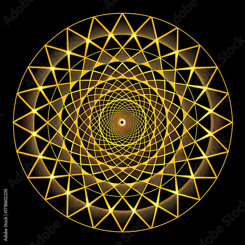 Spiral of Om ROm symbol, sacred geometry, spiritual art, meditation design, Hindu symbolism, Buddhist mandala, Jain spirituality, golden spiral, triangle pattern, black badiant Geometry of Inner Peace