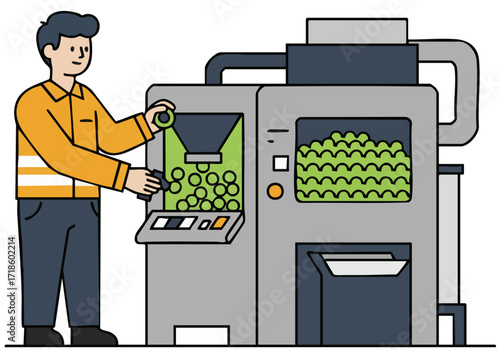 A worker adjusts pellets in a modern industrial machine. Clean lines, bright colors, and a focused professional setting. Suitable for business and manufacturing themes.
