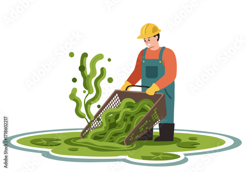 A worker harvests green algae with a basket, showcasing a vibrant glow.  Illustrative, clean design, perfect for environmental or sustainable themes.