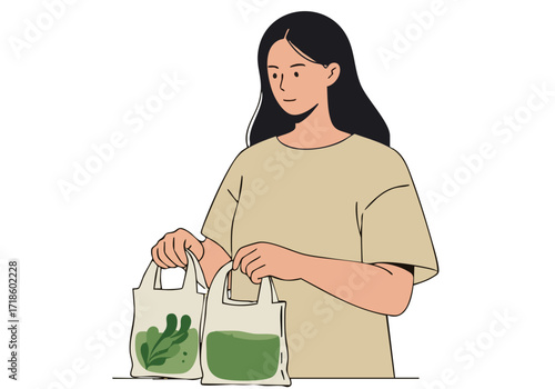 A young woman holds shopping bags with fresh produce. She?s dressed casually, conveying a healthy lifestyle. Clean, modern illustration style.