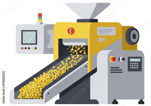 A vibrant, stylized illustration of a plastic injection molding machine. Clean lines, bright yellow and gray tones, and a modern design create a visually appealing and informative graphic.