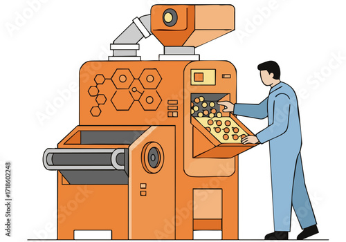 A worker inspects pellets on an orange industrial machine. Clean lines, modern illustration style, focused composition. Suitable for business and manufacturing themes.