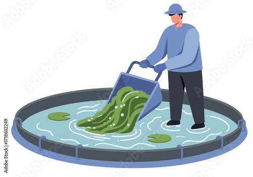 A worker harvests seaweed in a circular tank. The image showcases a man in work attire, actively collecting the green algae. Clean, modern illustration.