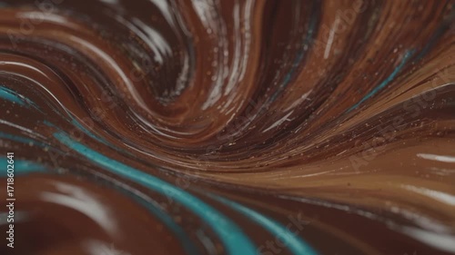 A dynamic abstract swirl of dark brown liquid, resembling melted chocolate or caramel. Small, sparkling sparks and thin, contrasting lines of bright turquoise create a striking visual effect.