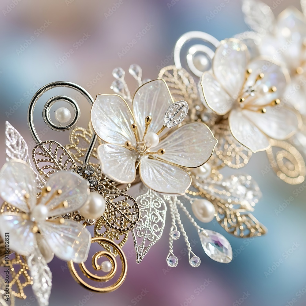 Fototapeta premium Artistic floral hair accessories with pearl embellishments for formal events