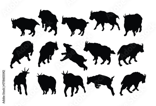 Set of black mountain goat silhouettes. Vector mountain goat climbing a steep hill