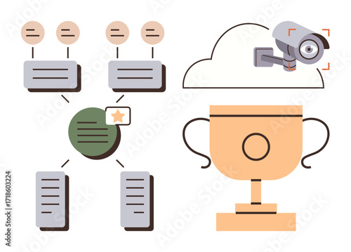 Network diagram with cloud storage, security camera, hierarchical data flow, and trophy. Ideal for data protection, cloud computing, surveillance, achievement, analytics hierarchy simple flat