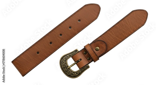 Ornate brown leather belt with a decorative metal buckle lies flat, upscaled view, against white.