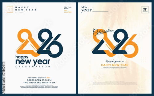 Modern poster design Happy New Year 2026. With yellow and dark blue numbers on a white background. Premium design for happy new year 2026 celebration.