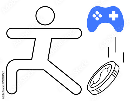 Simplified human figure in active pose beside gaming controller and coin. Ideal for wellness, fitness, gaming, motivation, reward systems, healthy habits, digital lifestyle. Simple flat metaphor