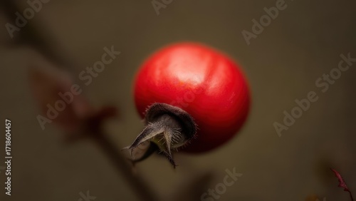 Close-up of a vibrant red rose hip, subtly out-of-focus background