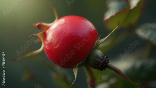 Close-up of a vibrant red rose hip