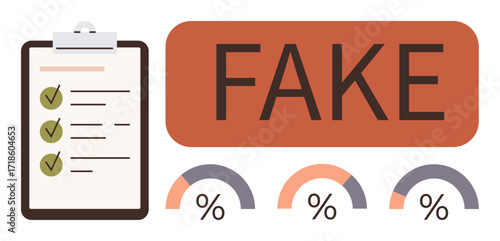Clipboard with checklist, FAKE tag in bold, and data graphs with percentages. Ideal for misinformation, data accuracy, research findings, evaluation, credibility scams and fraud. Simple flat
