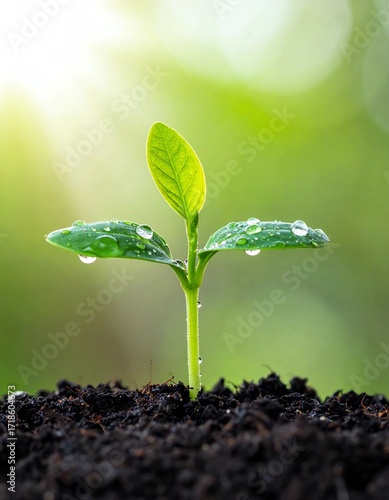 Young Plant Sprouting from Soil Dew Drops Sun Rays