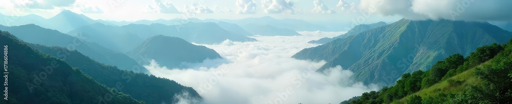 Obraz premium Ethereal Clouds Embrace Lush Green Mountain Peaks A Misty, Otherworldly Paradise