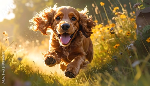Happy dog running through a field of flowers