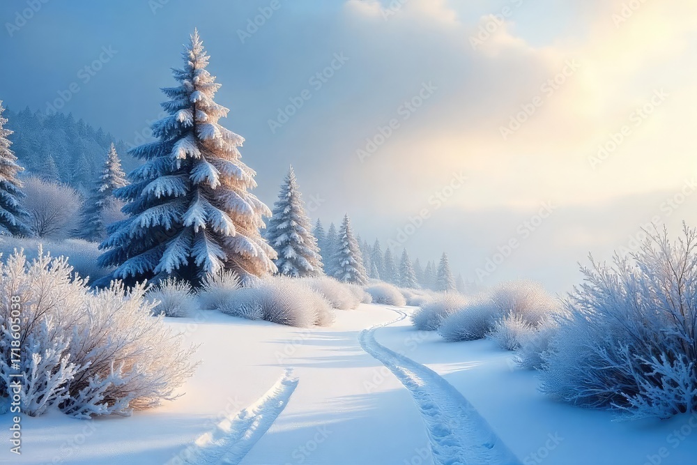 Fototapeta premium Frozen landscape, frost covered trees and bushes under a cold winter sky Perfect for winter wonderland, seasonal, and holiday themes , clouds, winter, background