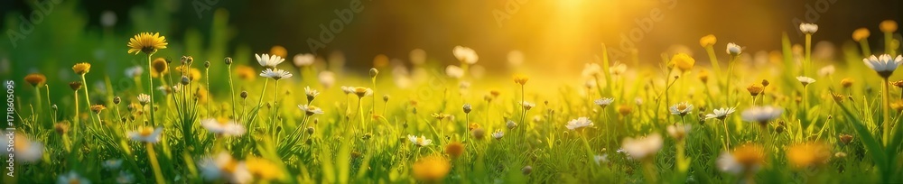 Fototapeta premium Golden hour sunlight bathes lush green meadow with wildflowers in full bloom Perfect for summer, nature, and outdoor themes Idyllic scene of vibrant natural beauty , wildflower meadow, pastoral
